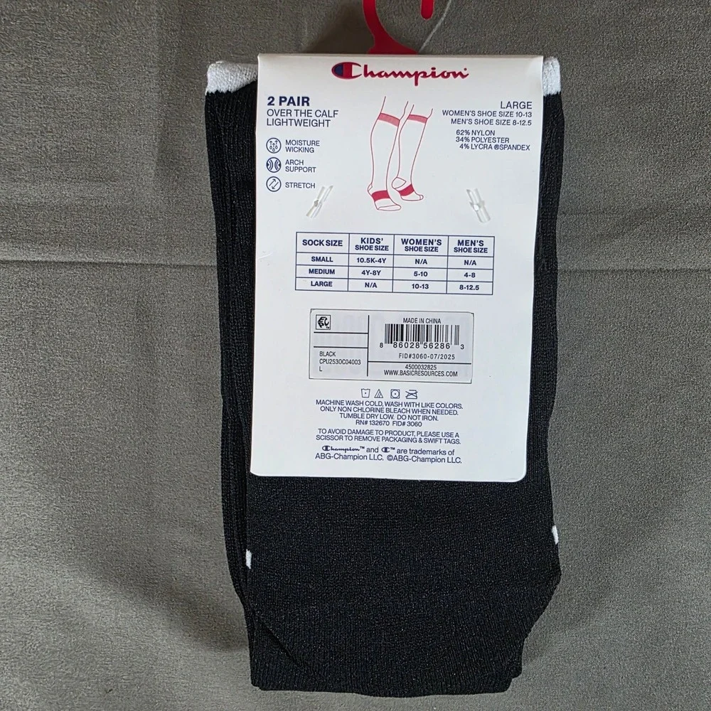 Champion Soccer Socks 2 Pair Over The Calf Black Lightweight Moisture Wicking L